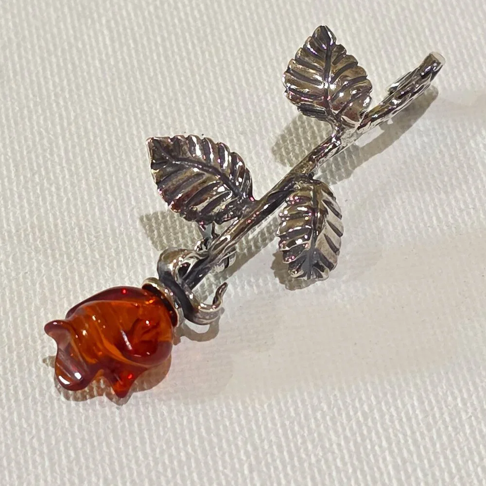 Vintage Carved Baltic Amber Rose Flower High Detail Sterling Silver Pin Brooch